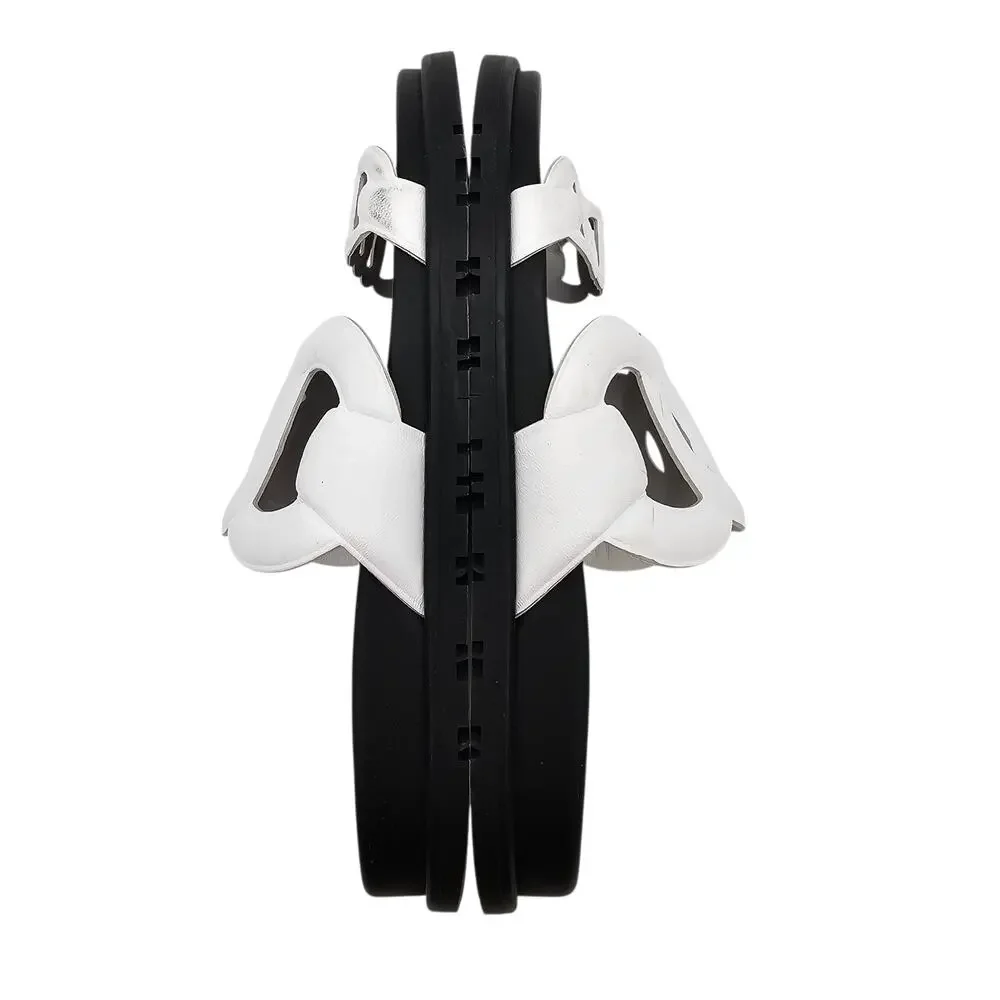 Hermes Extra Sandal Flat Slide Double Strap Black White Leather Size 38 US 8